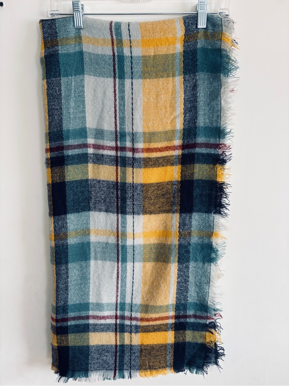 Yellow, Navy, and Teal Plaid Blanket Scarf with Fringe
